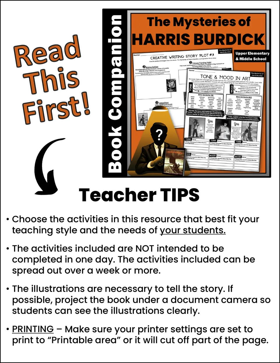 Harris Burdick book companion cover with Read This First teacher tips on pacing, projecting the book and printer settings