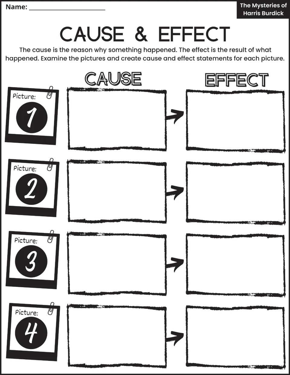 Cause and effect: students examine numbered pictures 1 to 4 and write a cause and an effect statement for each one
