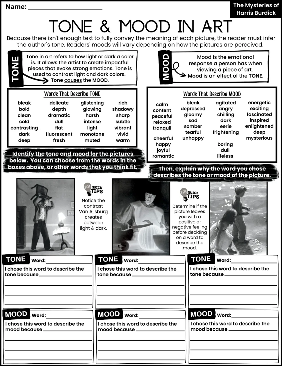Tone and mood in art: students pick tone and mood words from word banks for three illustrations and explain each choice