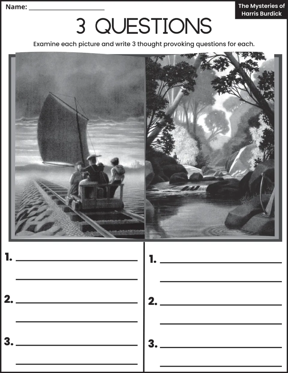3 Questions: students study a sailboat on train tracks and a forest stream scene, then write three questions for each