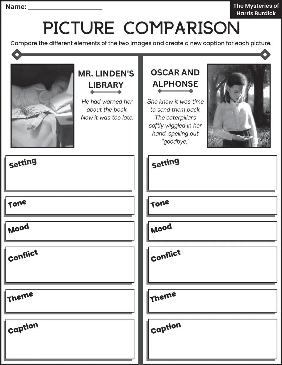 Picture comparison: students compare setting, tone, mood, conflict and theme in two story images and write new captions