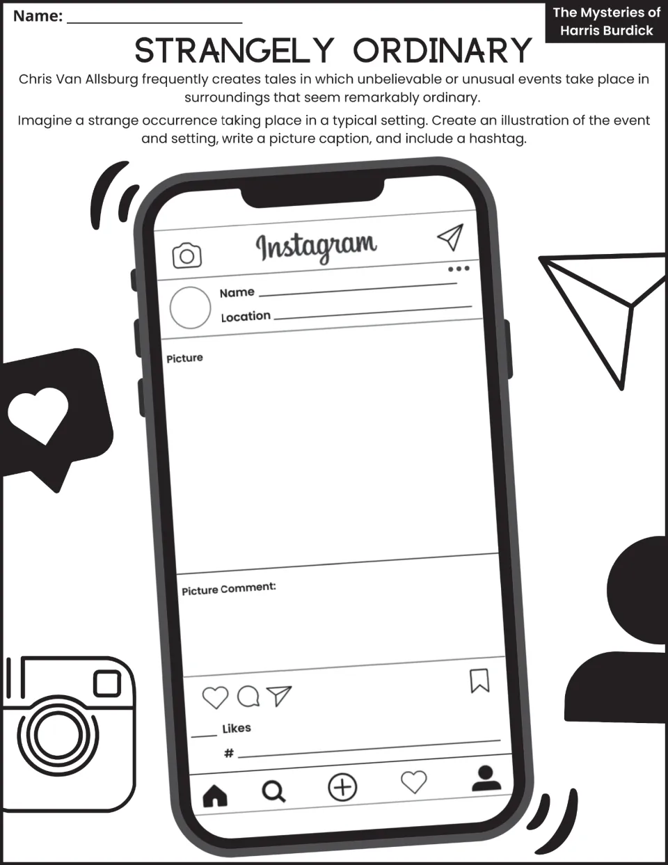 Strangely Ordinary: students draw a strange event in a typical setting on an Instagram-style post with caption and hashtag