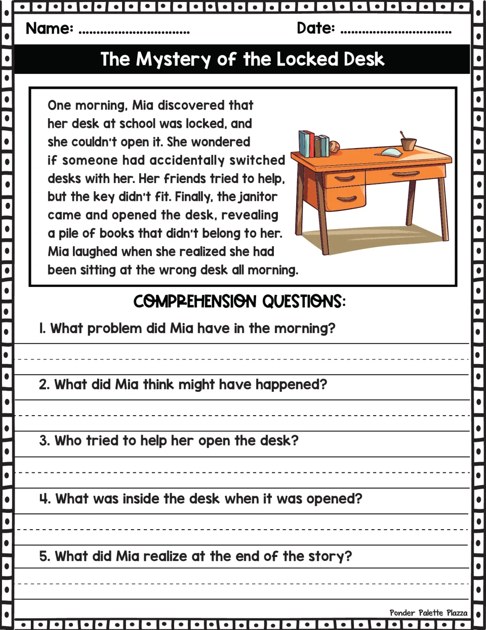 Short story about Mia finding her school desk locked: students read it and answer 5 comprehension questions in writing