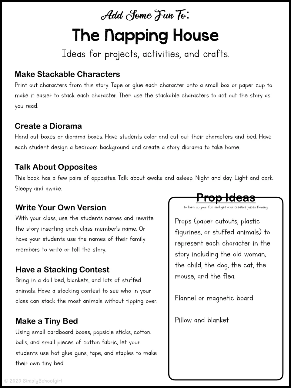 Book study project ideas: stackable characters, a diorama, opposites, story rewriting, and two more activities