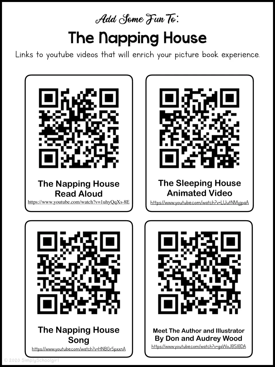 Book study video links and QR codes for a read-aloud, an animated story, a song, and an author-illustrator video