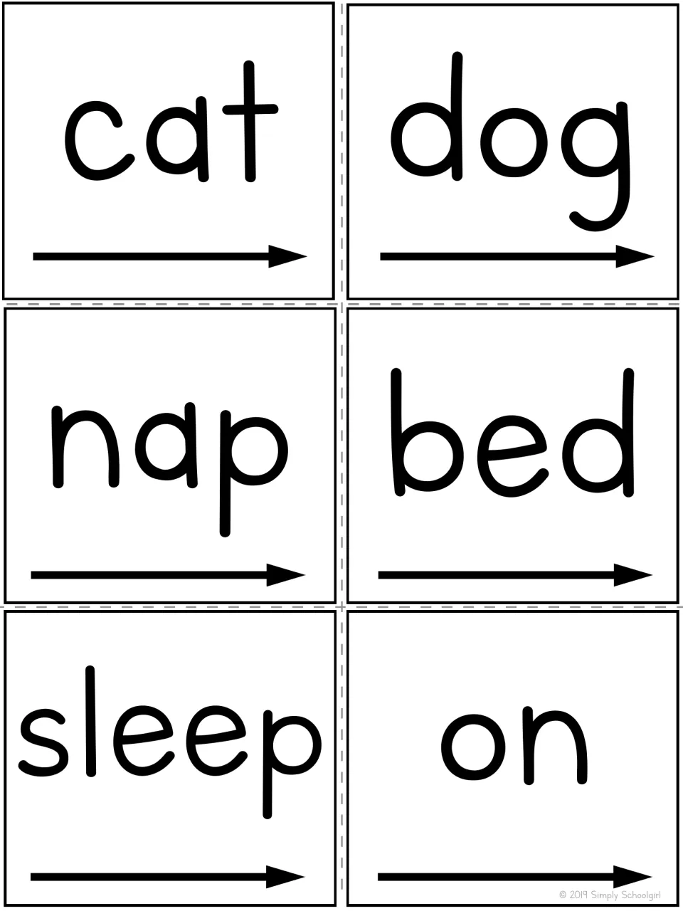 Six reading word cards for the picture book study: cat, dog, nap, bed, sleep, and on, each with a reading arrow
