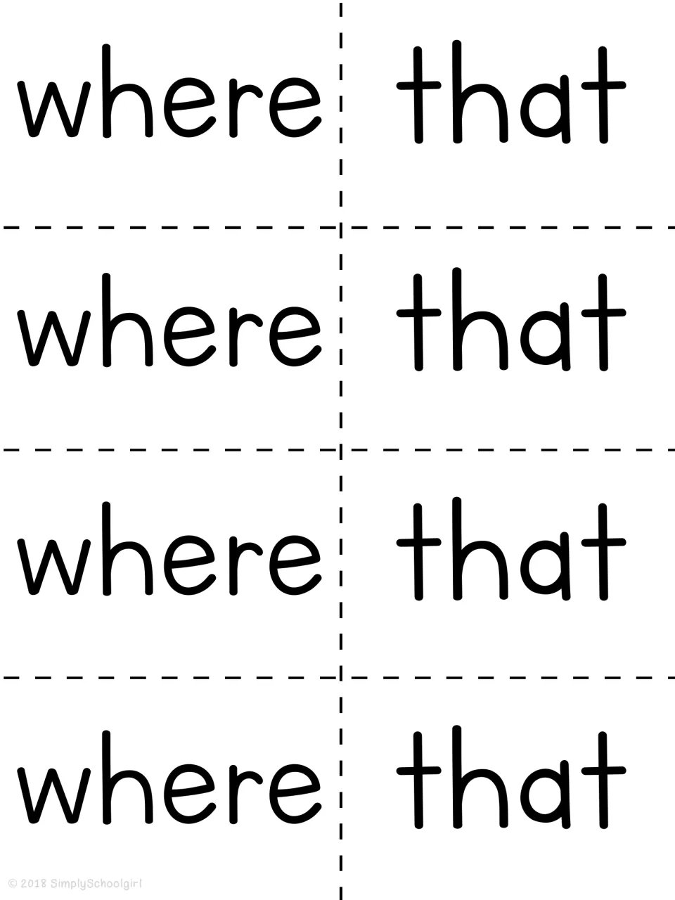 Eight cut-apart word cards for the picture book study, repeating where and that four times each on the sheet