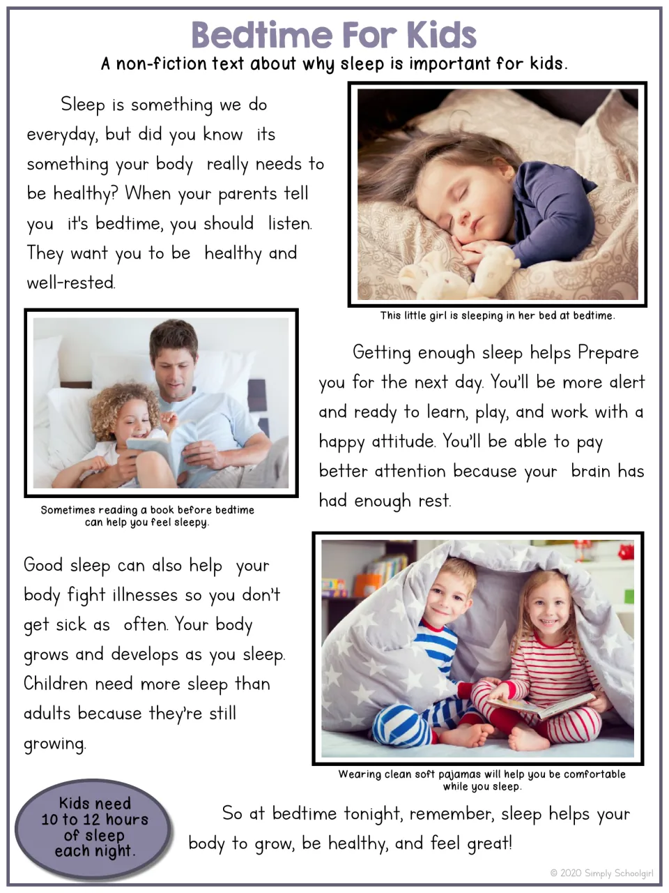 Bedtime For Kids nonfiction companion passage explains how sleep supports health, growth, and attention