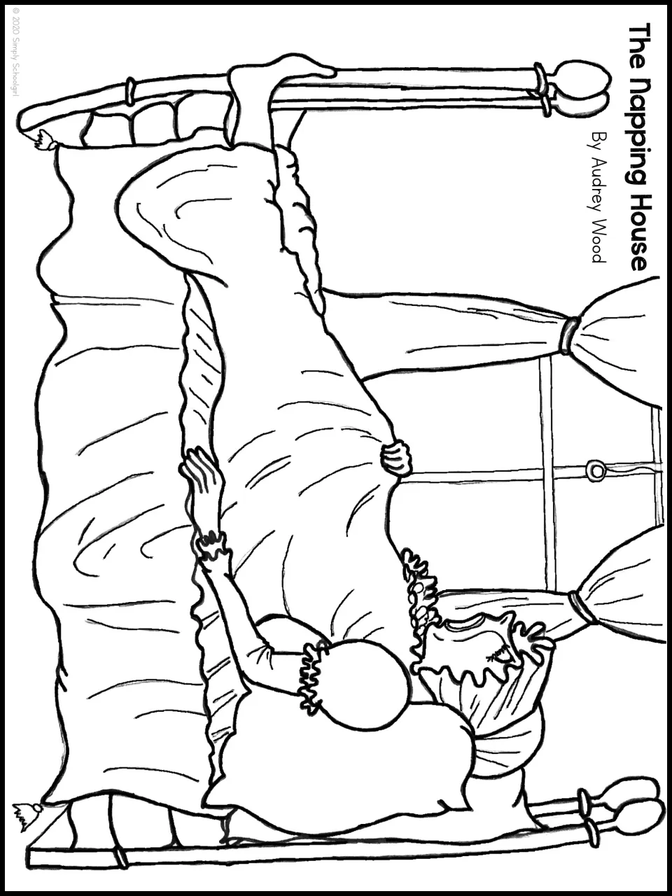 Story coloring page for the picture book study shows Granny sleeping in bed beside a curtained window