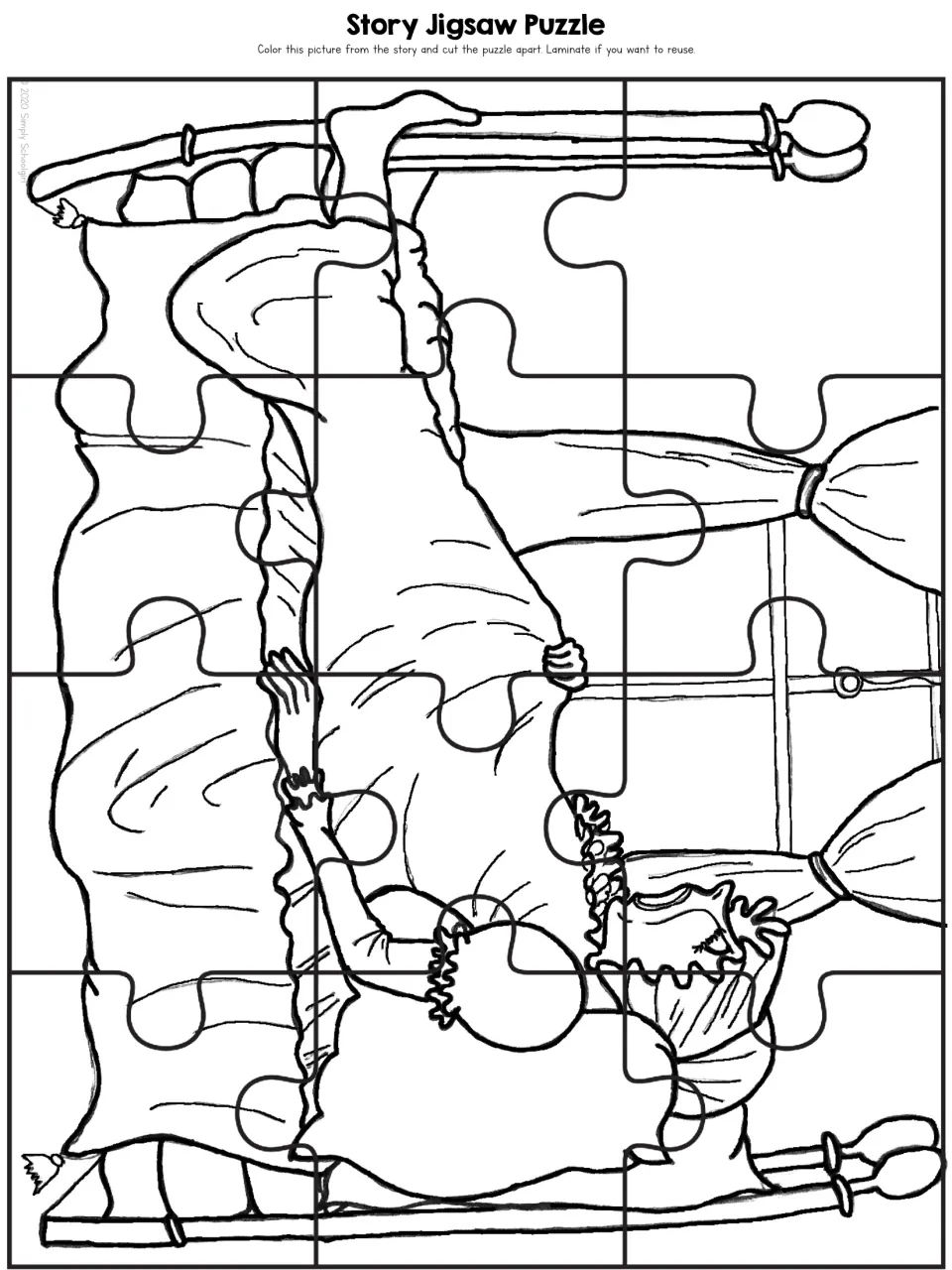 Story jigsaw puzzle uses the Granny-in-bed coloring scene, divided into 12 pieces to color and cut apart