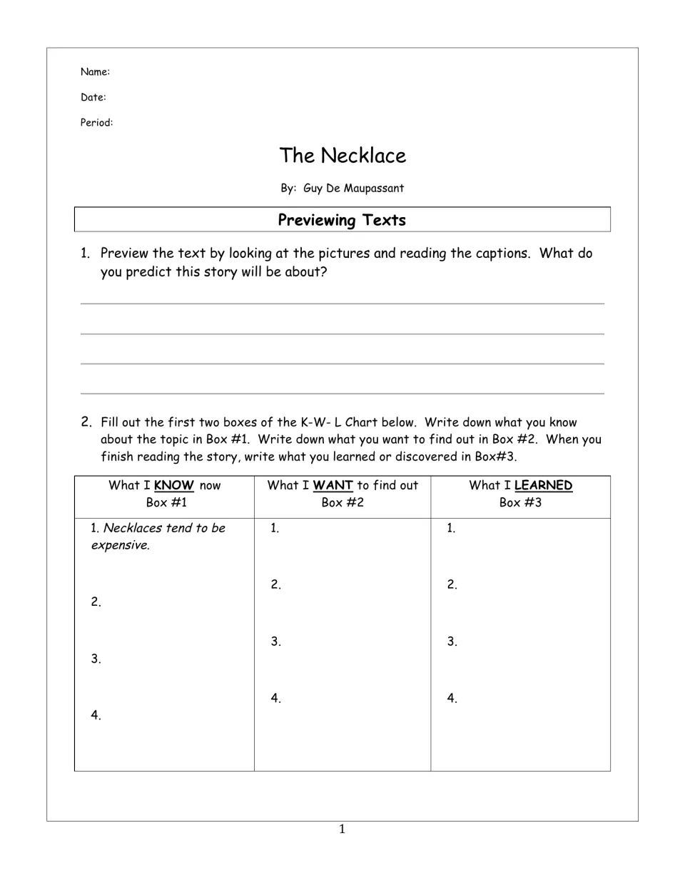 The Necklace previewing: students predict the story from pictures and captions, then fill in a K-W-L chart