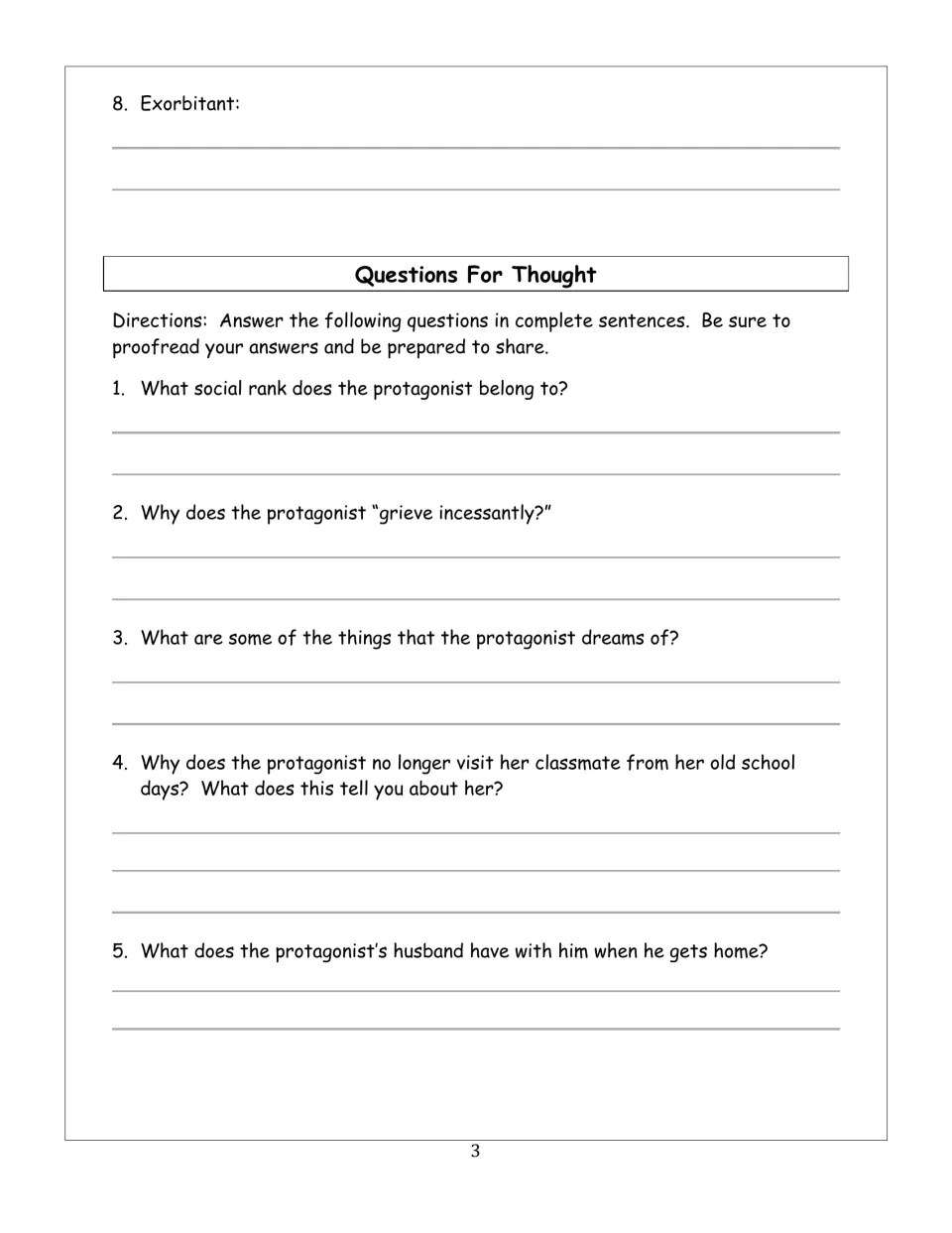 Last vocabulary word, then comprehension questions 1-5 on the protagonist's social rank, grief, dreams and old classmate