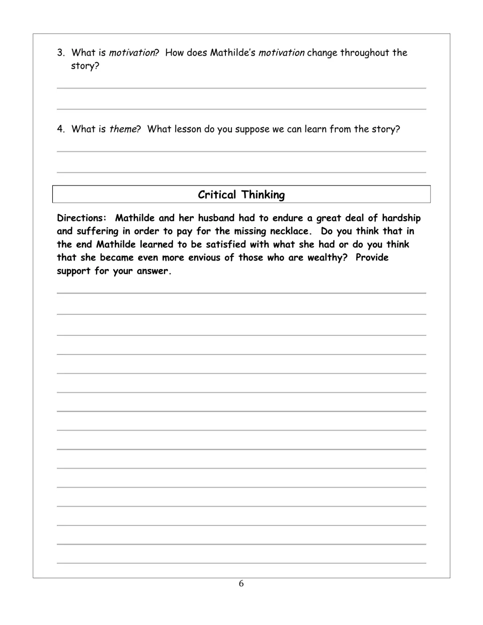 Motivation and theme questions, then a Critical Thinking response: did Mathilde learn contentment or grow more envious?