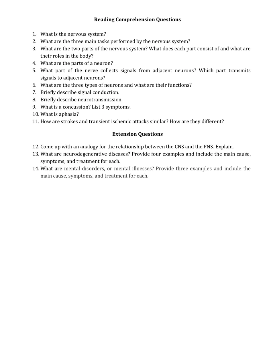 Comprehension questions: students answer 11 short items on neurons and disorders, then 3 extension research prompts