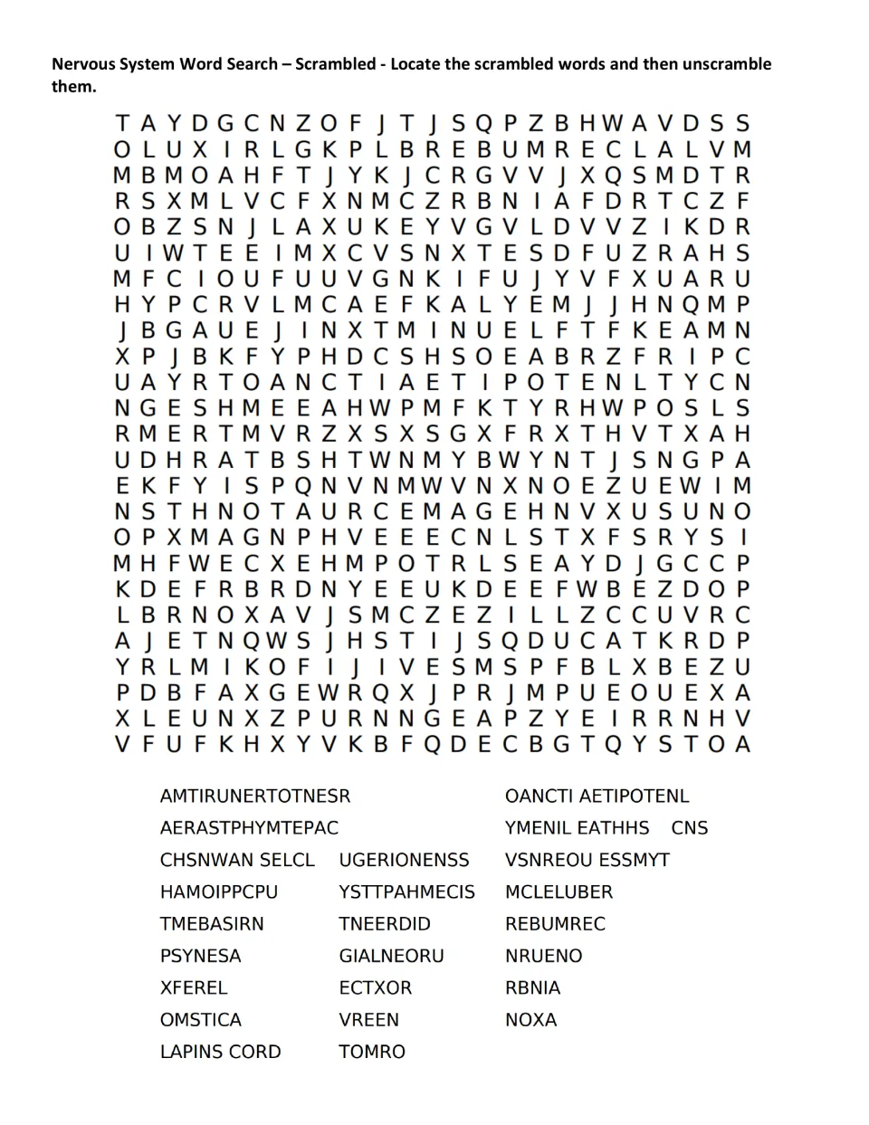 Scrambled word search on the nervous system: students locate 25 jumbled terms like RBNIA and NOXA, then unscramble them
