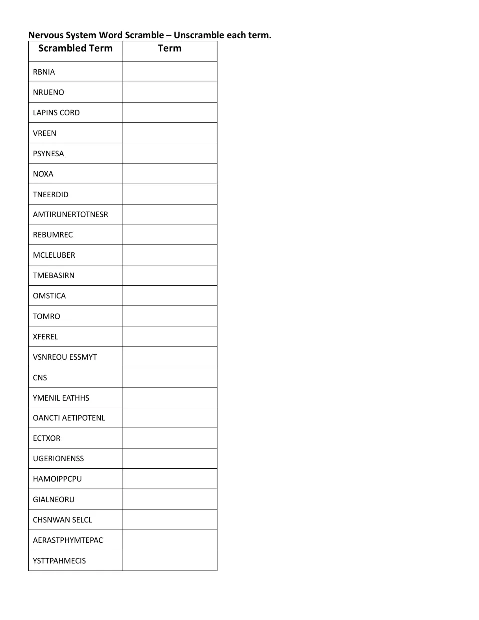 Nervous system word scramble: students unscramble 25 jumbled terms, from RBNIA to YSTTPAHMECIS, writing each correct term