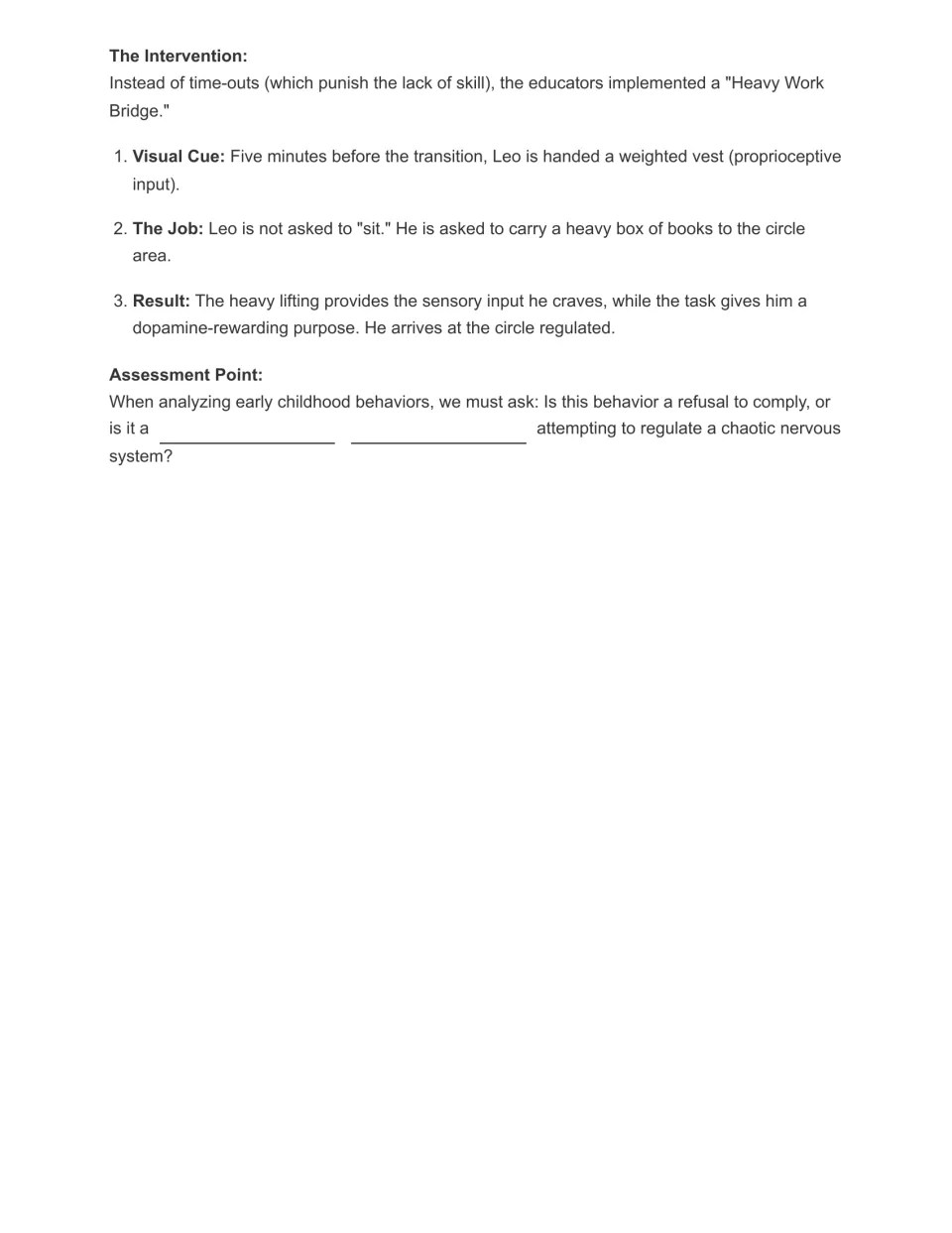 Leo case study intervention: weighted vest and heavy-work job before transitions, with a fill-in-the-blank assessment point