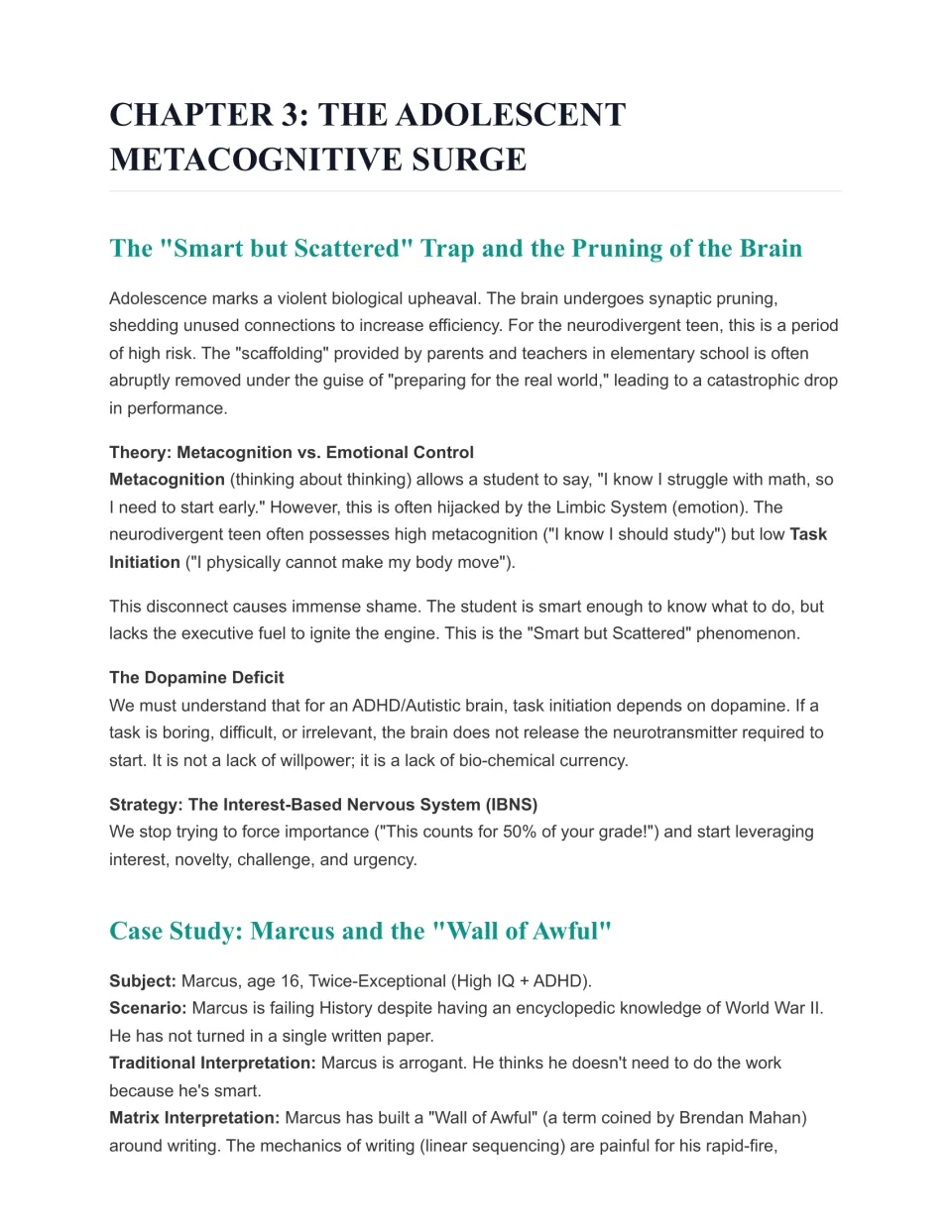 Chapter 3, teen metacognition: task initiation, dopamine deficit, interest-based nervous system and Marcus case study
