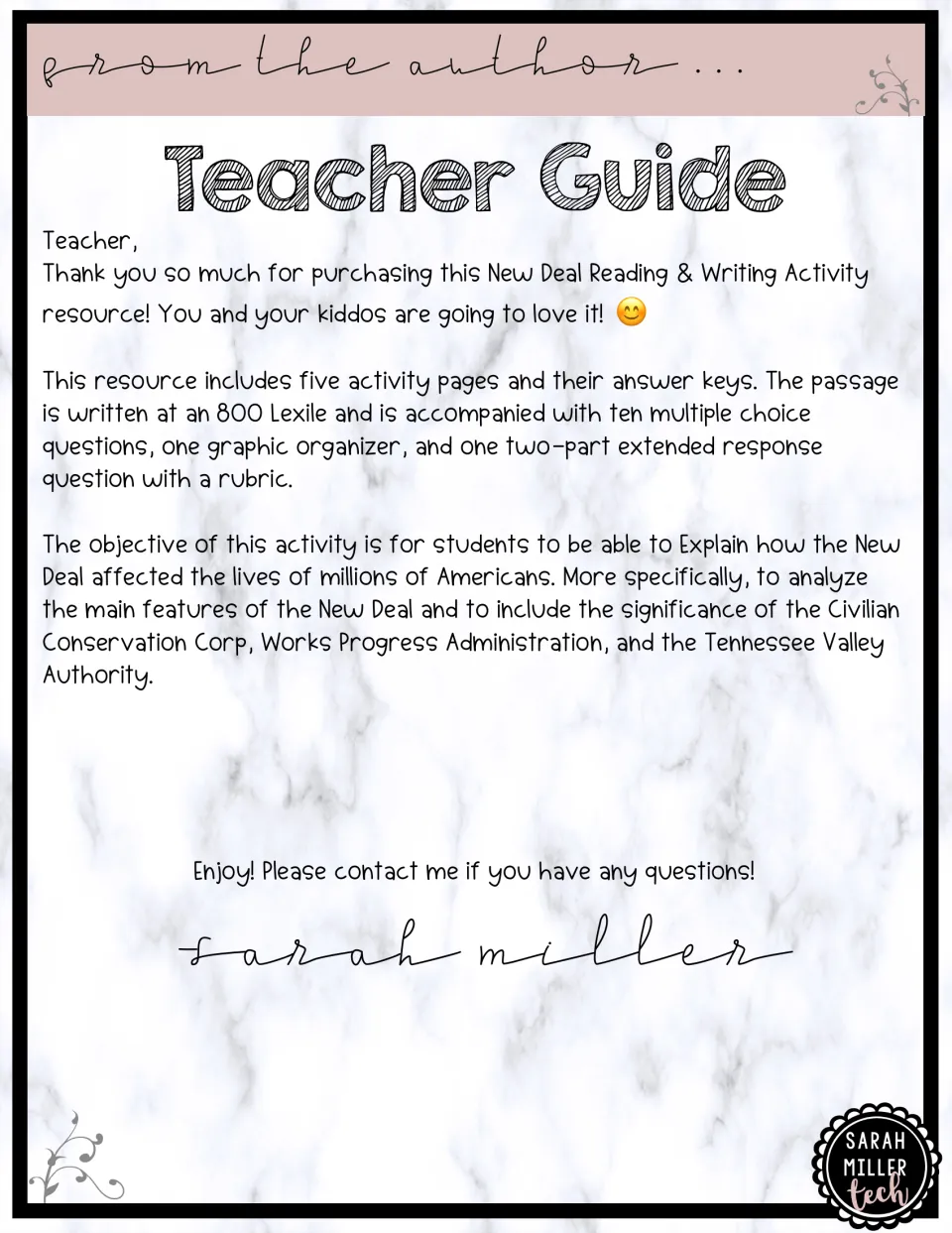 Teacher guide listing a New Deal passage, ten multiple choice questions, a graphic organizer and a two-part writing prompt