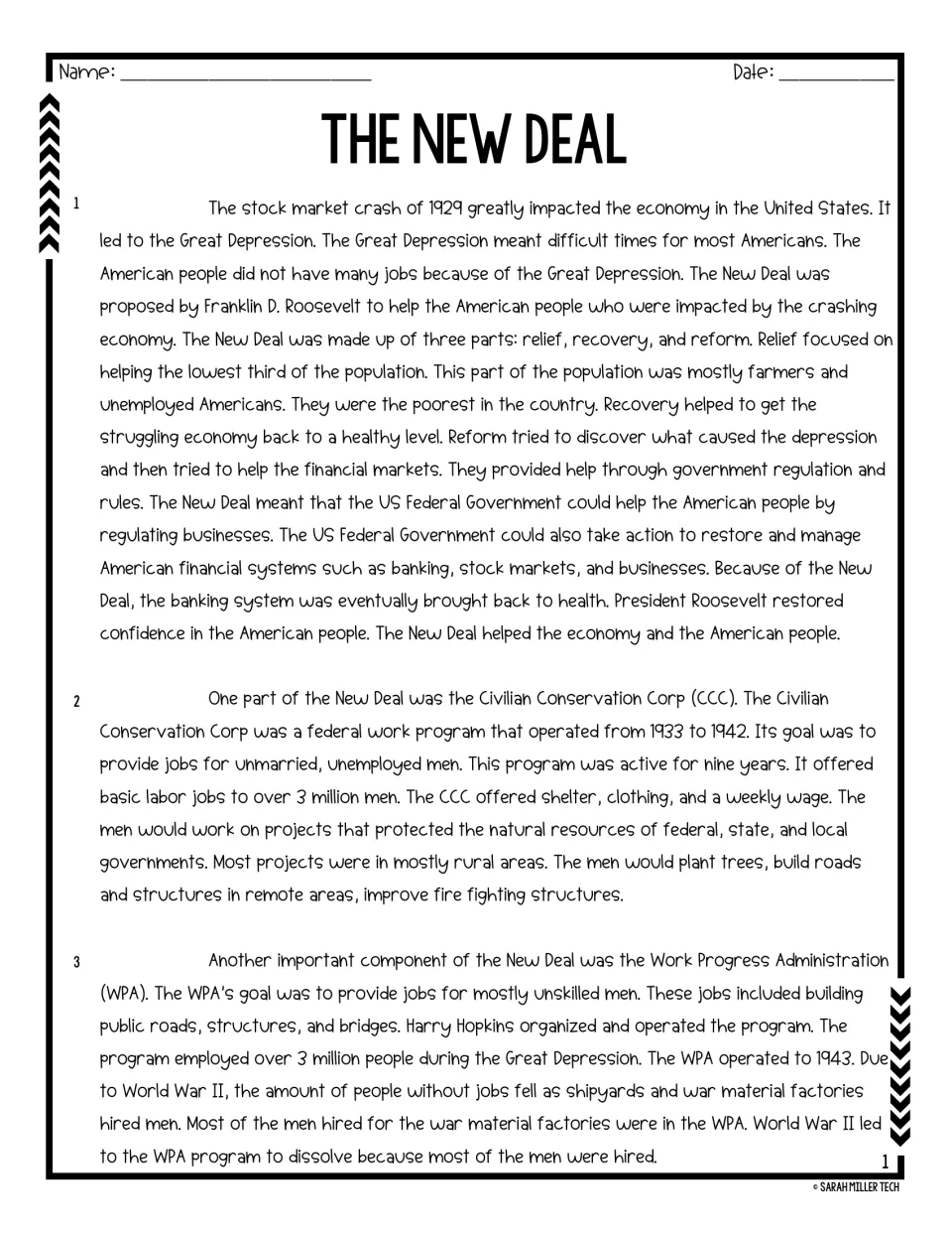 New Deal passage, paragraphs 1-3, for close reading: the 1929 crash, relief, recovery and reform, and the CCC and WPA