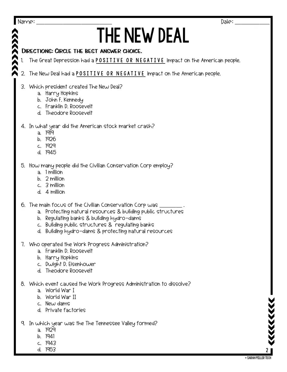 Multiple choice on the New Deal, items 1-9: students circle answers about Roosevelt, the 1929 crash, the CCC and the WPA
