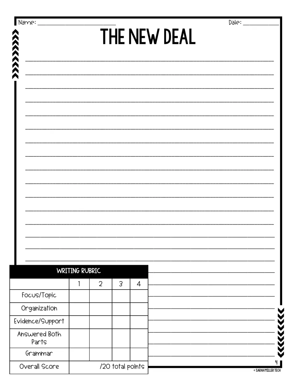 Writing space continues the New Deal response, with a rubric scoring focus, organization, evidence, both parts and grammar