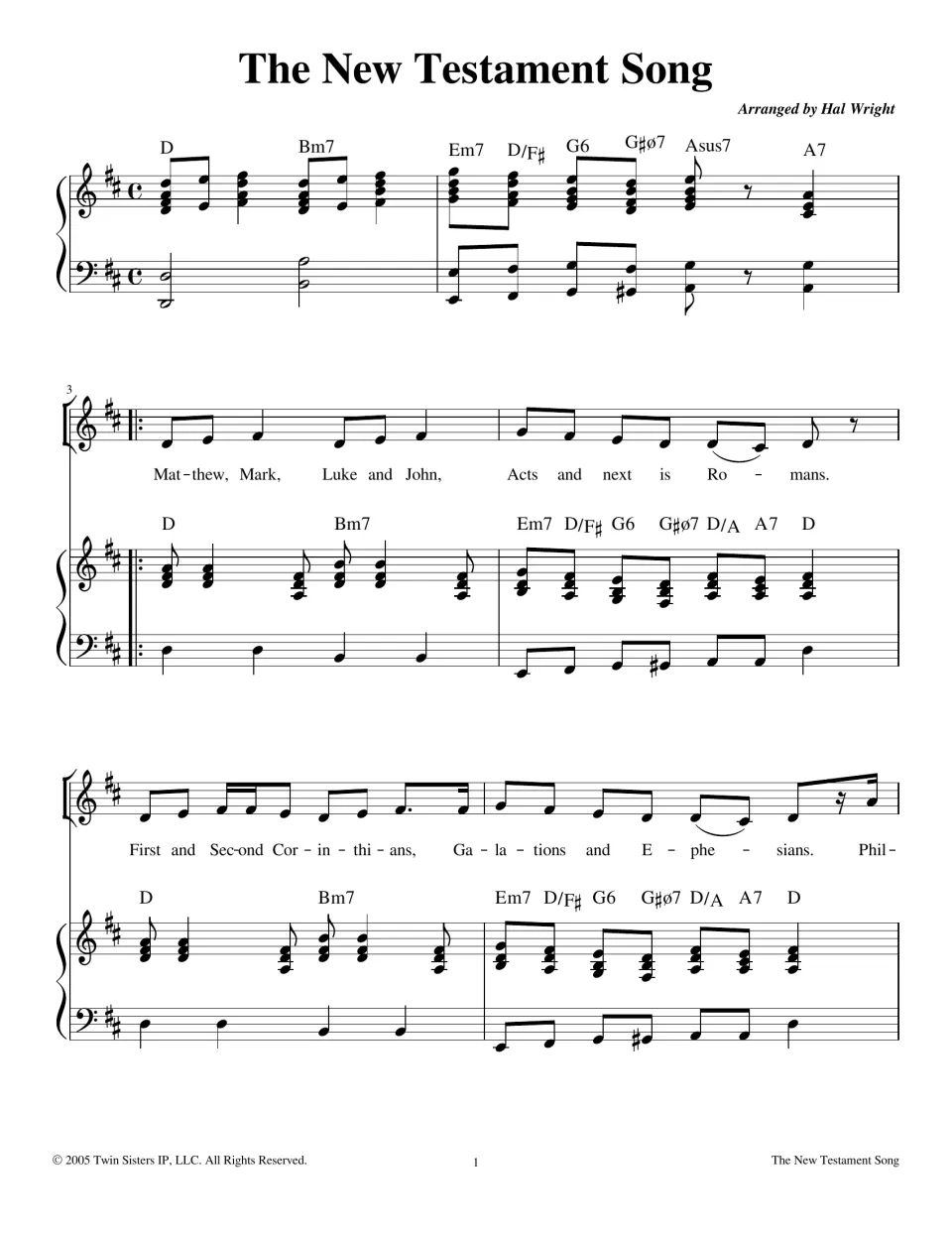 Opening of The New Testament Song: piano intro, then lyrics naming Matthew, Mark, Luke and John to Ephesians