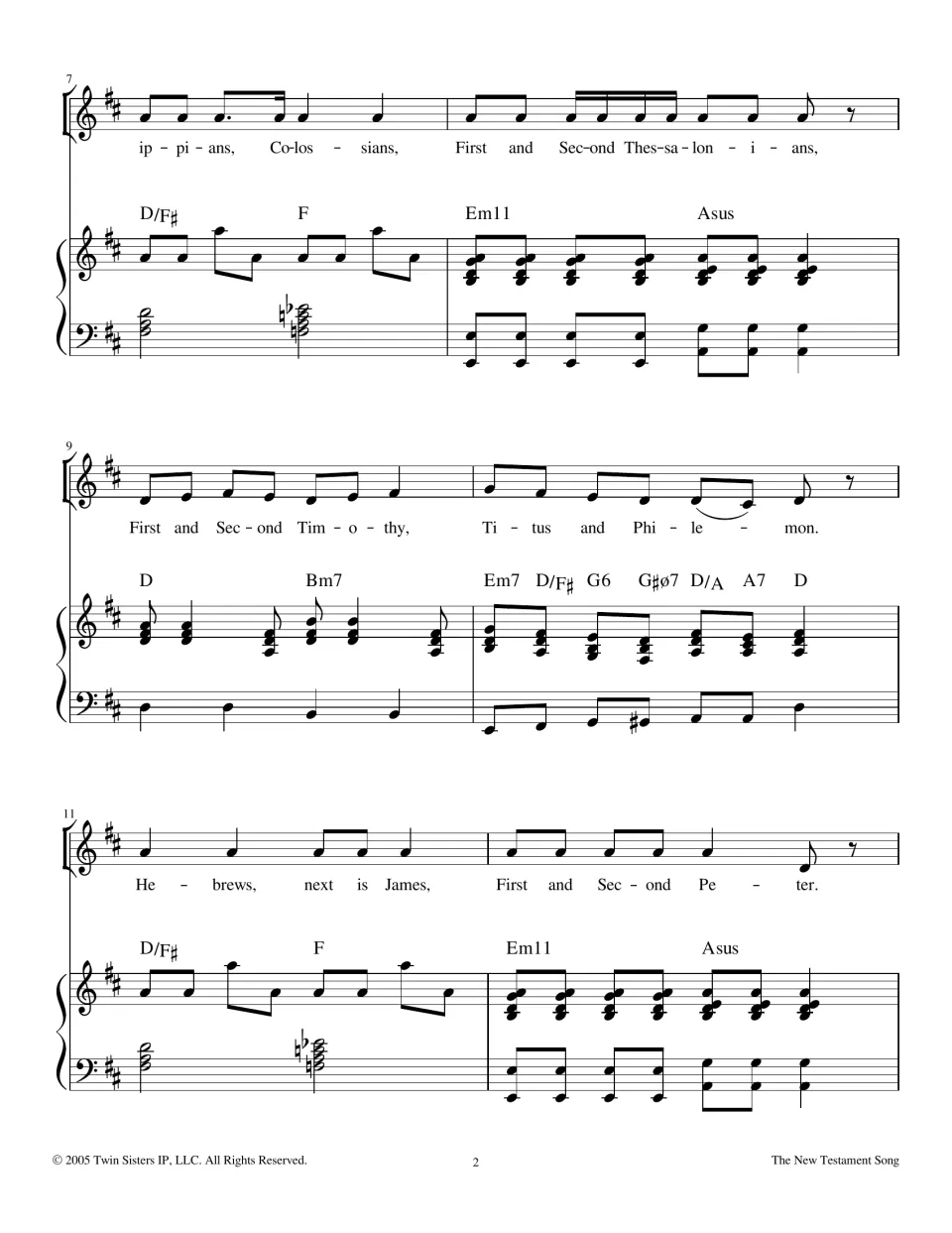 Song bars 7-12: lyrics sing Philippians through Second Peter, including Thessalonians, Timothy, Titus and Hebrews