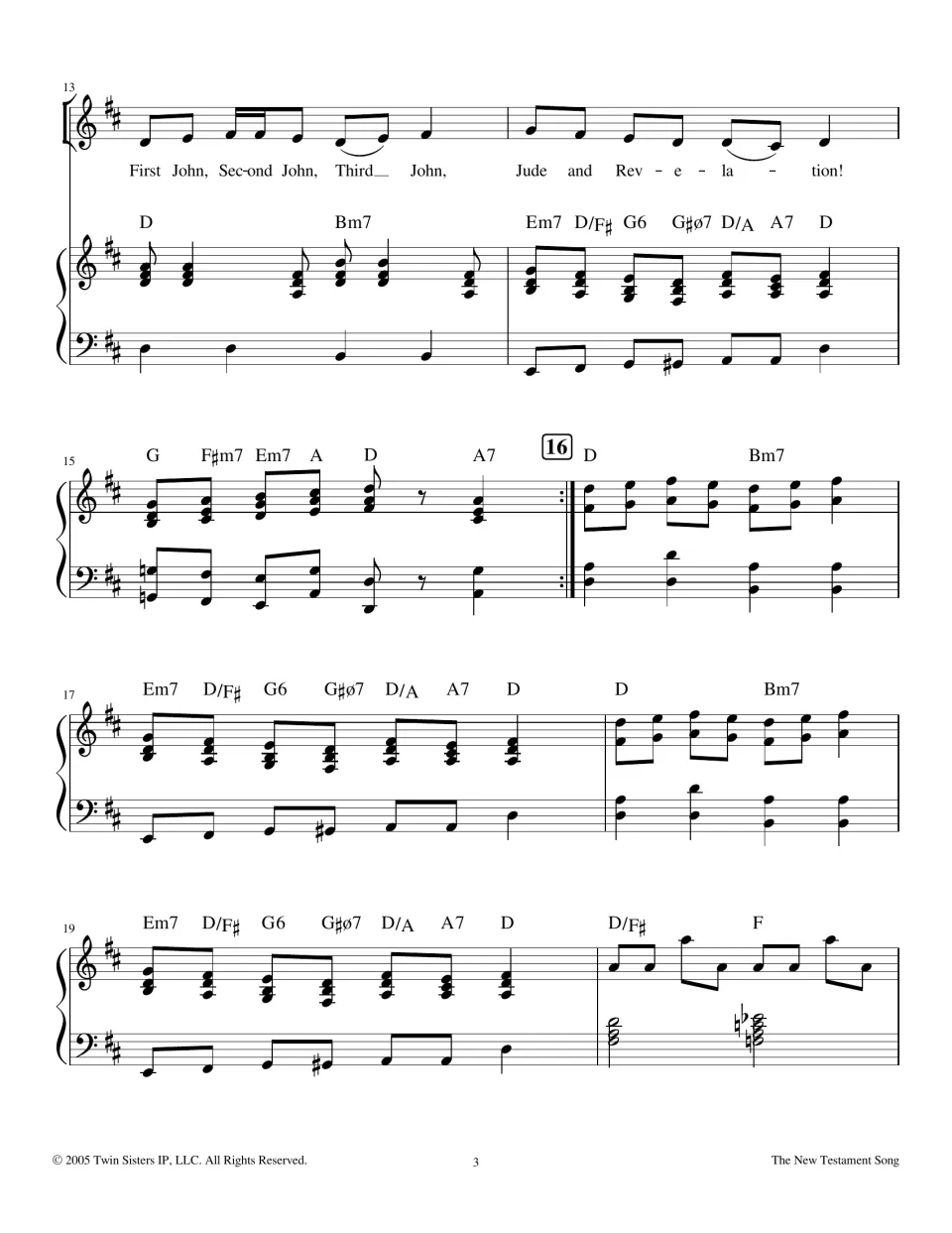 Song bars 13-20: sung line First John to Jude and Revelation, then a piano interlude with D, Bm7 and Em7 chords