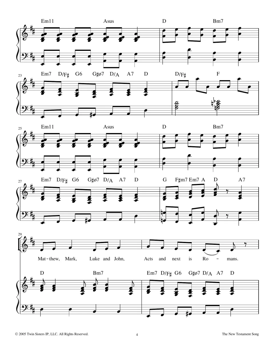 Piano interlude in bars 21-28 with chord symbols, then the repeat begins with lyrics Matthew, Mark, Luke and John
