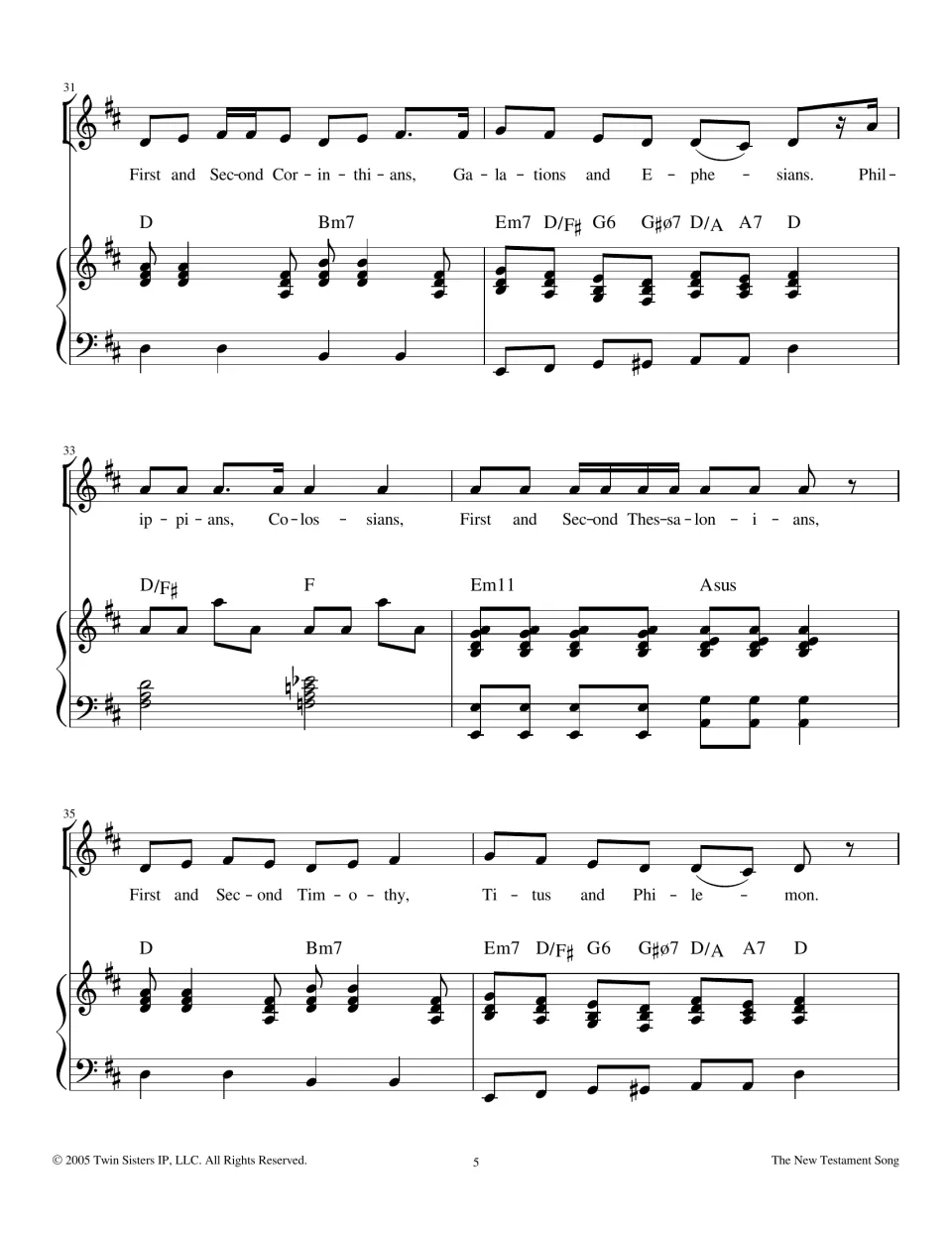 Second verse, bars 31-36: lyrics repeat First and Second Corinthians through Titus and Philemon over piano chords