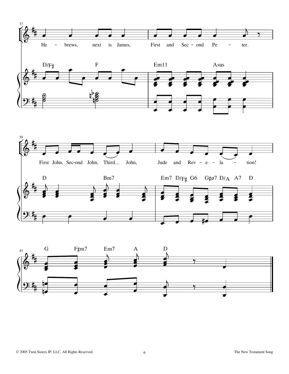 Closing bars 37-42: lyrics Hebrews to Revelation end the song, followed by a short piano ending on a D chord