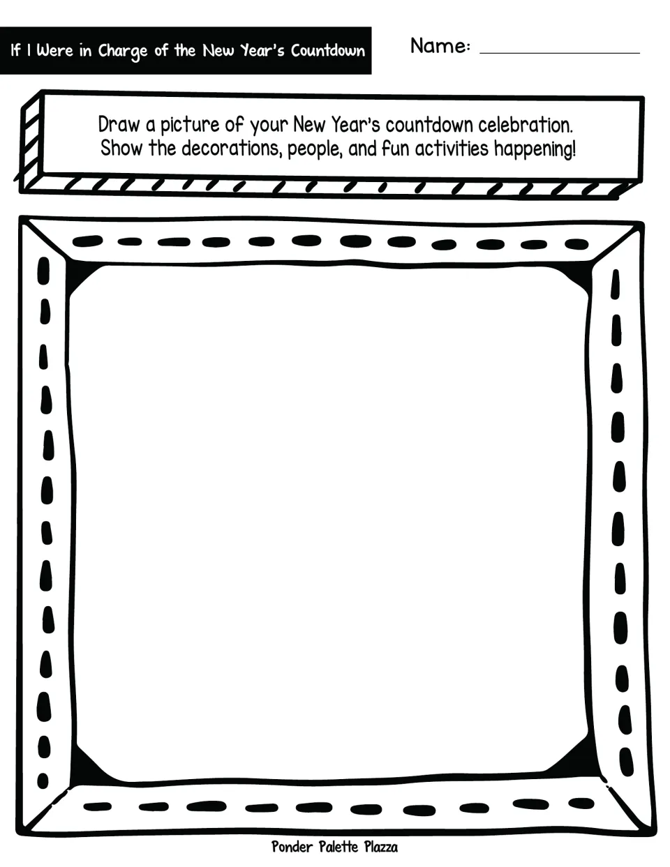New Year's countdown drawing: students draw their imagined celebration showing decorations, people and fun activities