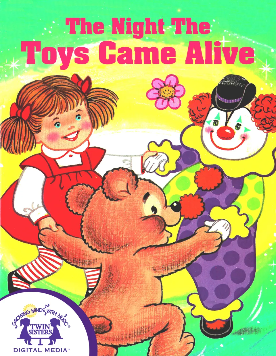 Cover of The Night The Toys Came Alive eBook: a rag doll, teddy bear and clown dance together in a bright swirl