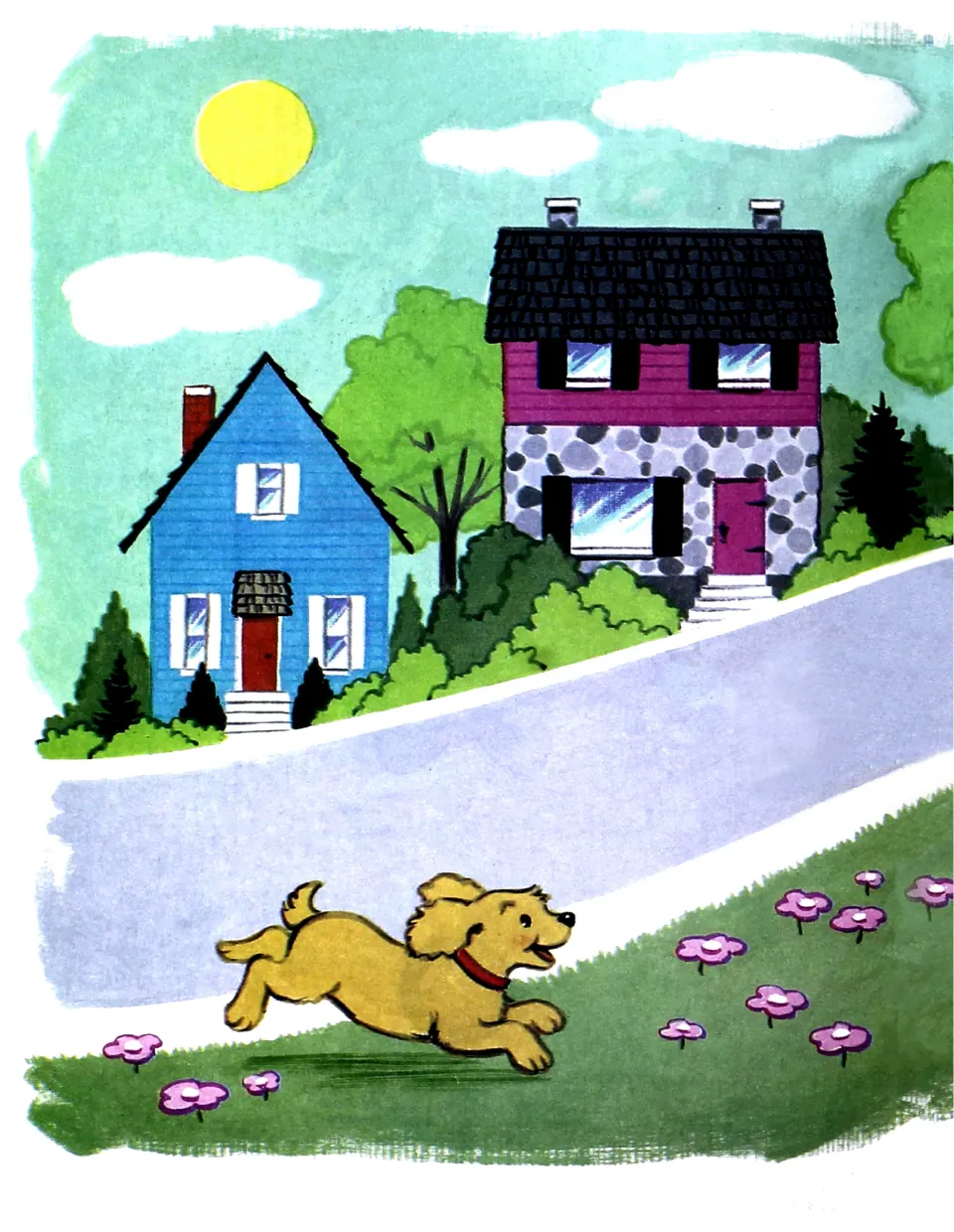 Wordless story illustration: a yellow puppy runs across a flowery lawn past a blue house and a stone house on a street