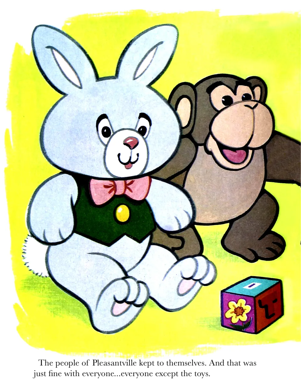 Story page: the town's people keep to themselves, fine with everyone except the toys; a bunny in a vest sits with a monkey