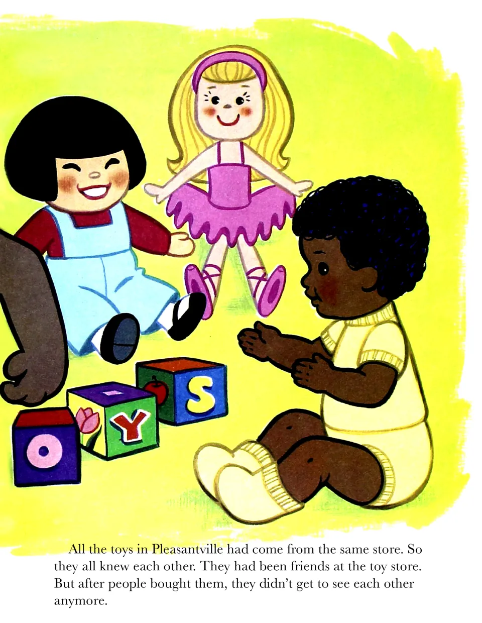 Story page: the toys were friends at the same toy store but no longer see each other; dolls sit by blocks spelling OYS