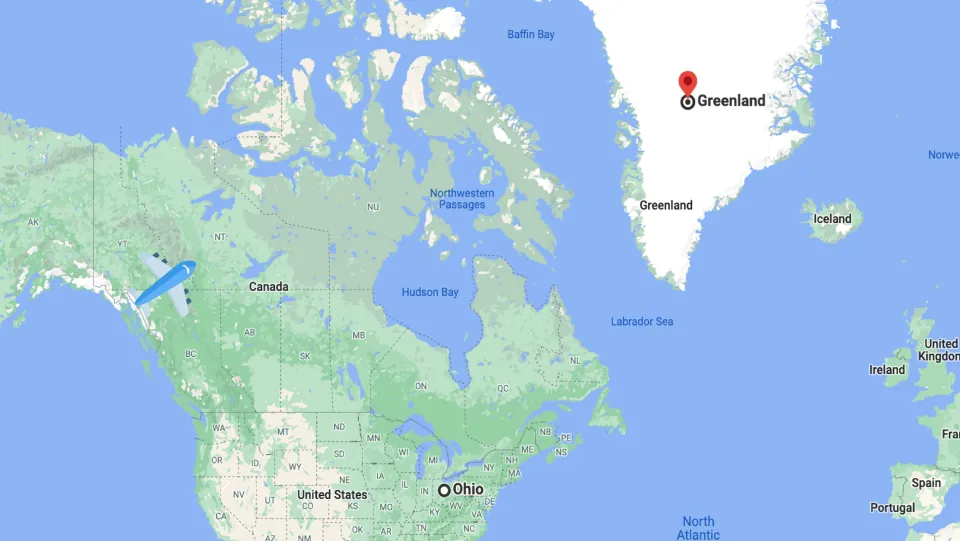 Travel map for the musical field trip, showing Ohio and Greenland markers and an airplane over western Canada
