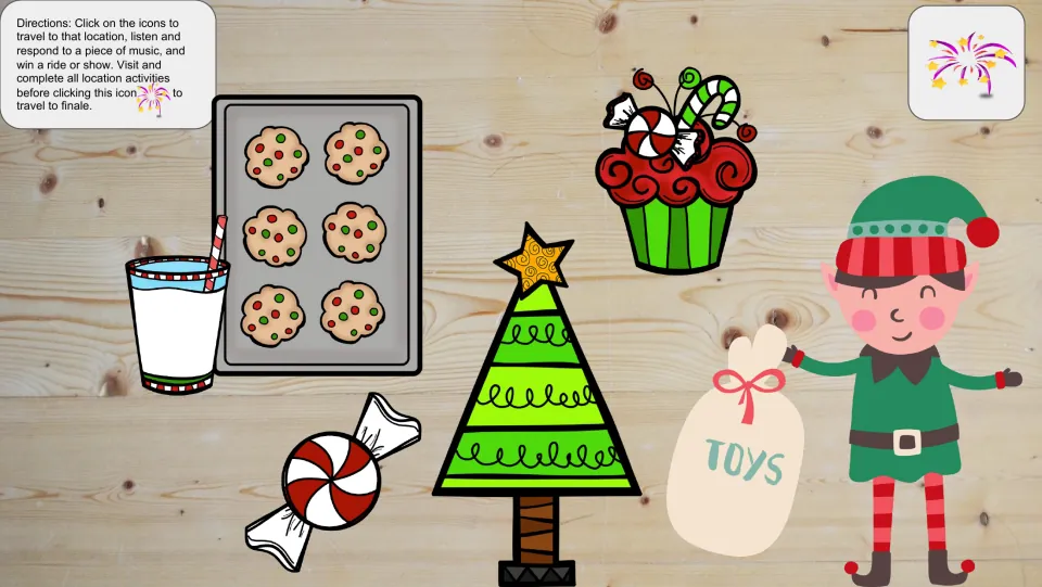 Field trip activity map: click holiday icons to visit locations, respond to music, and earn a ride or show