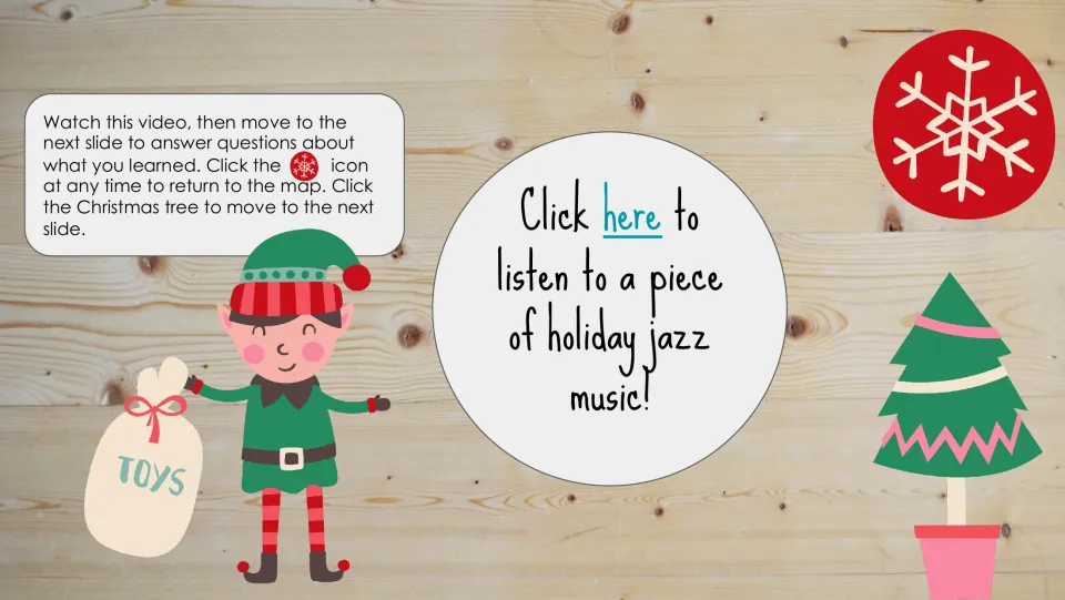 Elf location listening slide linking to holiday jazz, with directions to watch and then answer questions