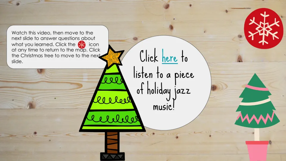Christmas tree location listening slide linking to holiday jazz and directing students to answer questions next