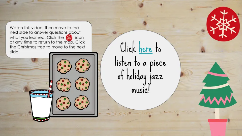 Cookies and milk location listening slide linking to holiday jazz, followed by instructions for questions
