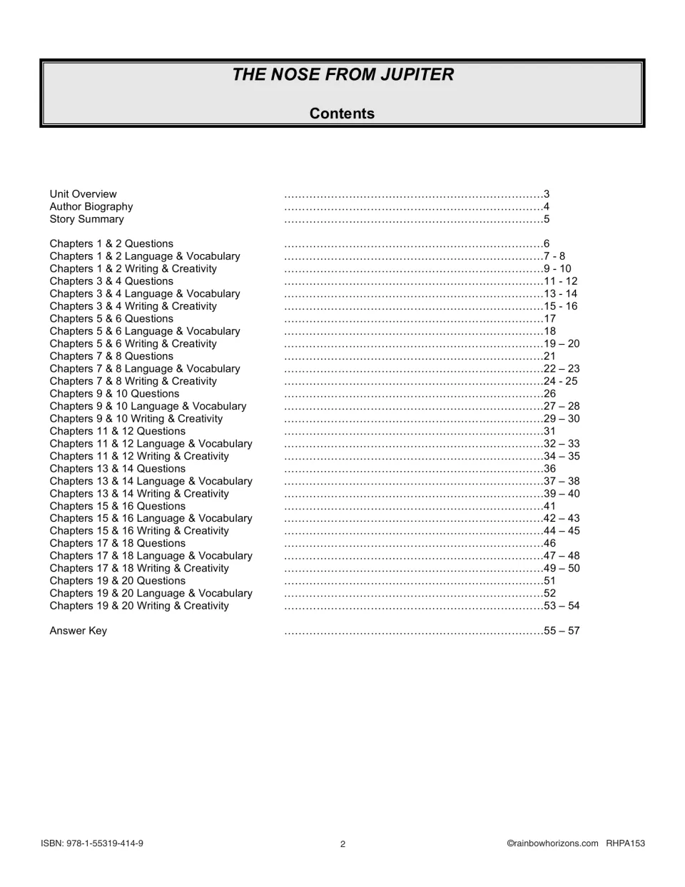 Novel study contents listing introductory material, activities for Chapters 1–20, and answer key pages 55–57