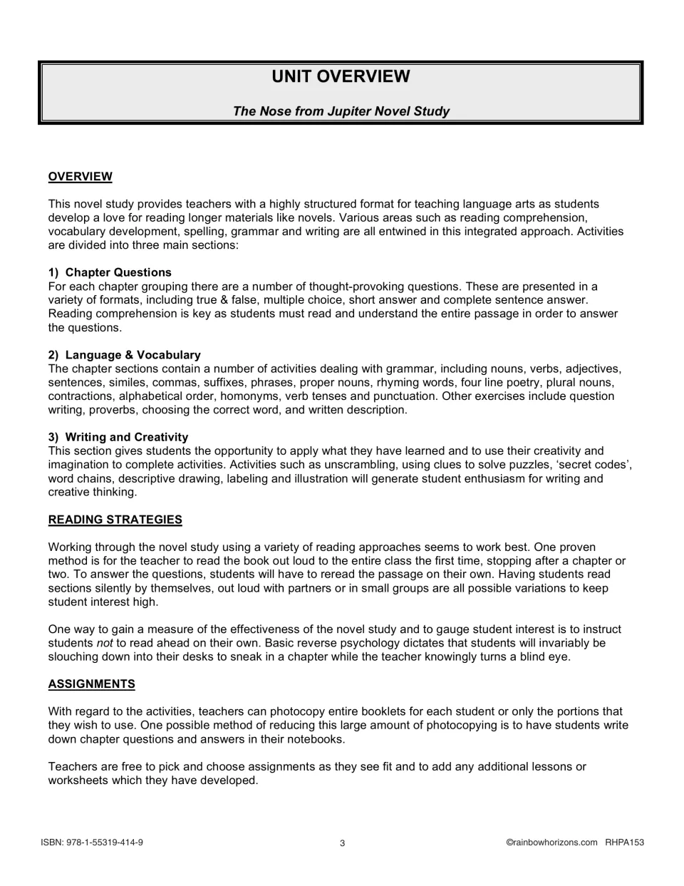 Novel study overview explaining chapter questions, language and vocabulary, writing, and reading strategies