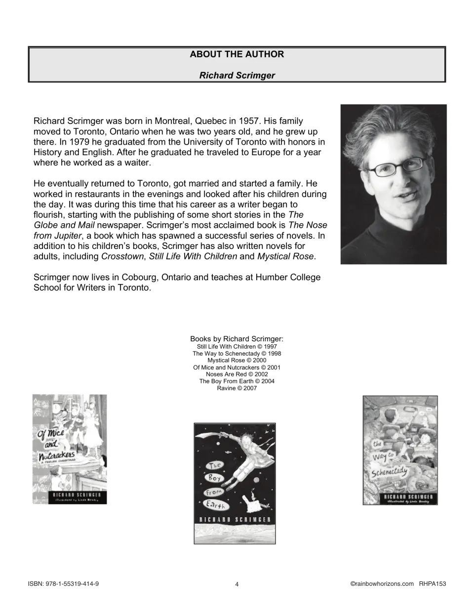 Novel study author biography tracing Richard Scrimger’s childhood, education, writing career, and books