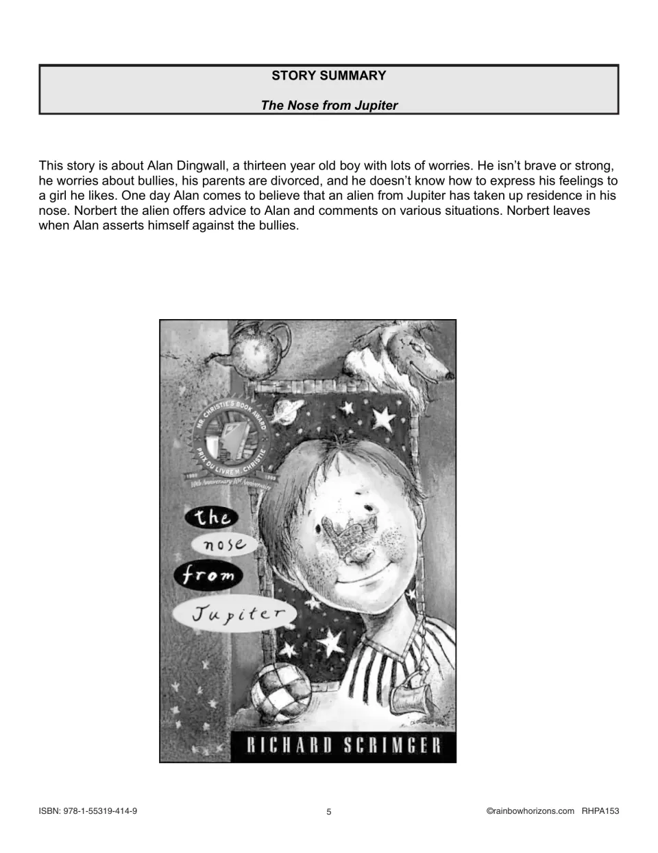 Novel study story summary introducing Alan Dingwall, his worries, and Norbert, the alien living in his nose