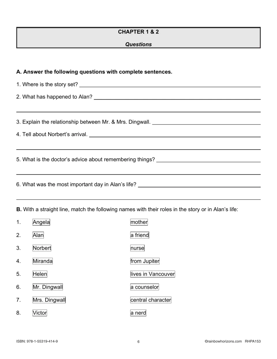 Chapters 1–2 comprehension practice: six complete-sentence questions and eight character-role matches