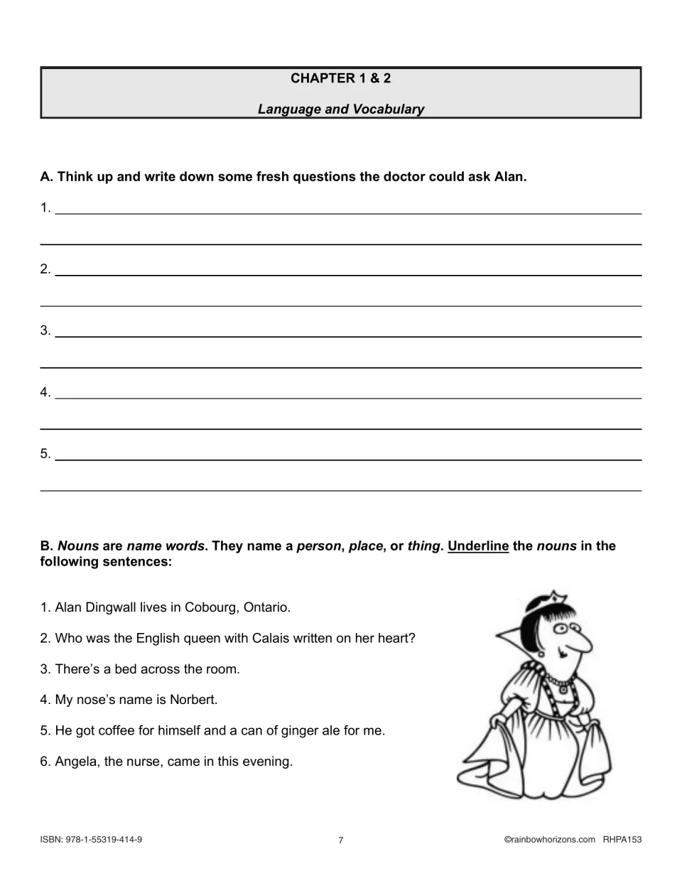Chapters 1–2 language practice asks students to write five questions for Alan and identify nouns in six sentences
