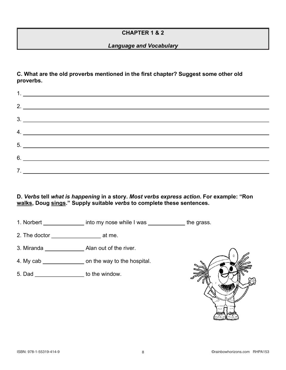 Chapters 1–2 language practice asks students to recall and suggest proverbs, then complete sentences with verbs