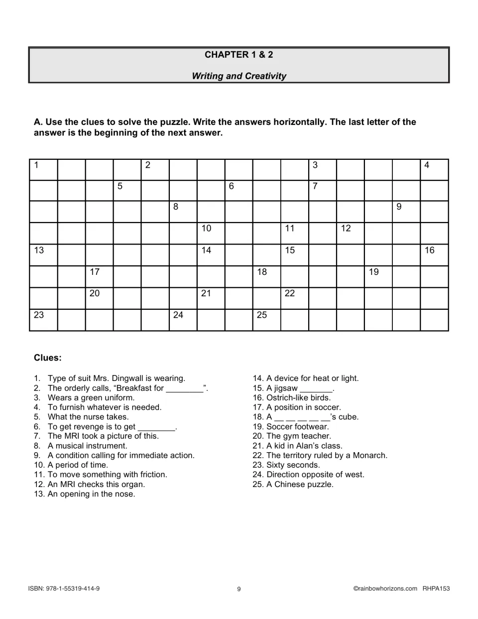 Chapters 1–2 writing and creativity puzzle uses 25 clues; each answer’s last letter begins the next answer
